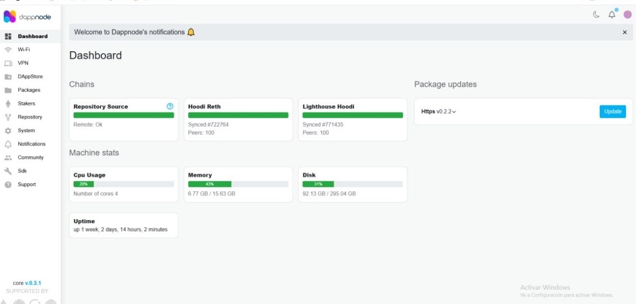 Dashboard de DappNode mostrando Hoodi Reth y Lighthouse Hoodi sincronizados con 100 peers cada uno