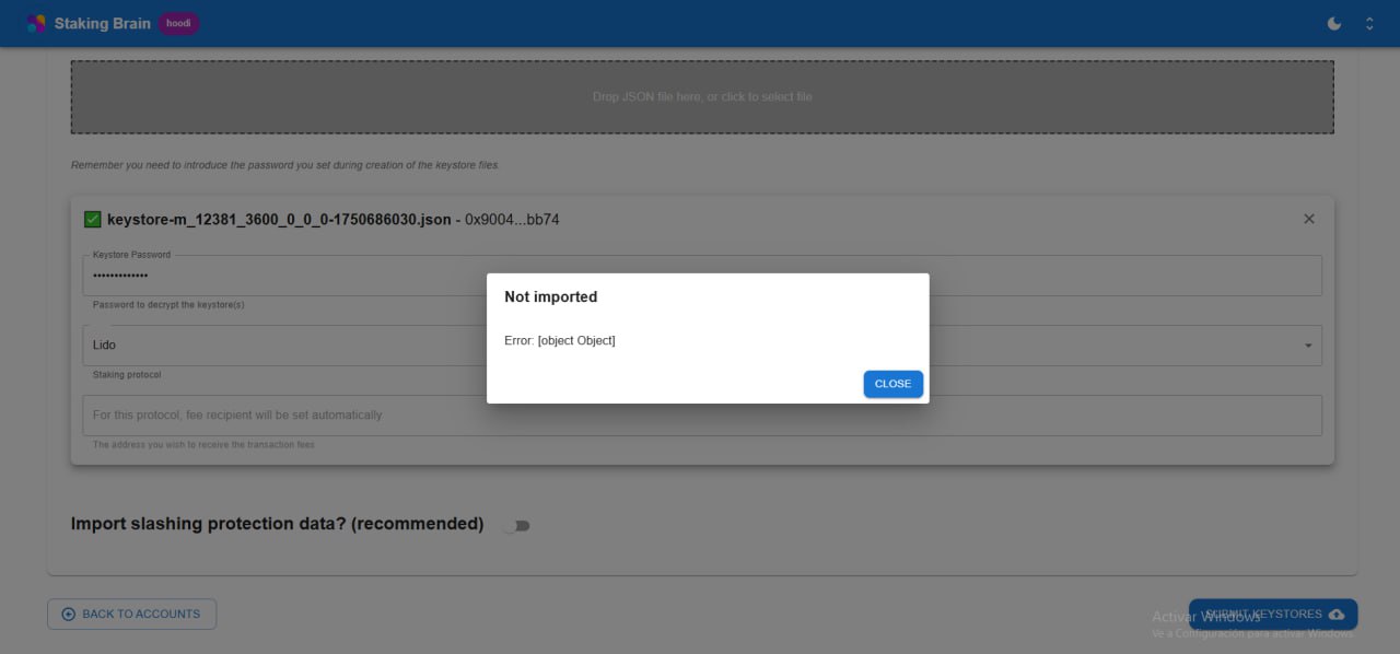 Error 'Not imported' del Staking Brain de DappNode al intentar importar el keystore