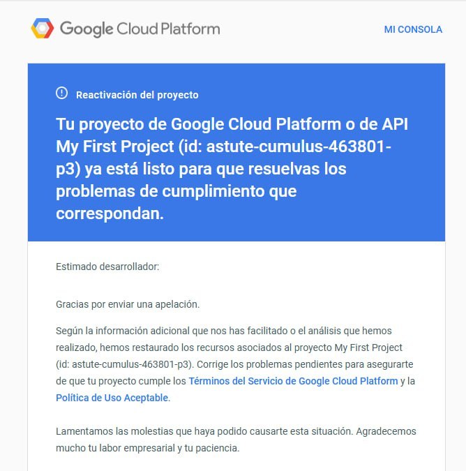 Mail de Google Cloud notificando la reactivación del proyecto