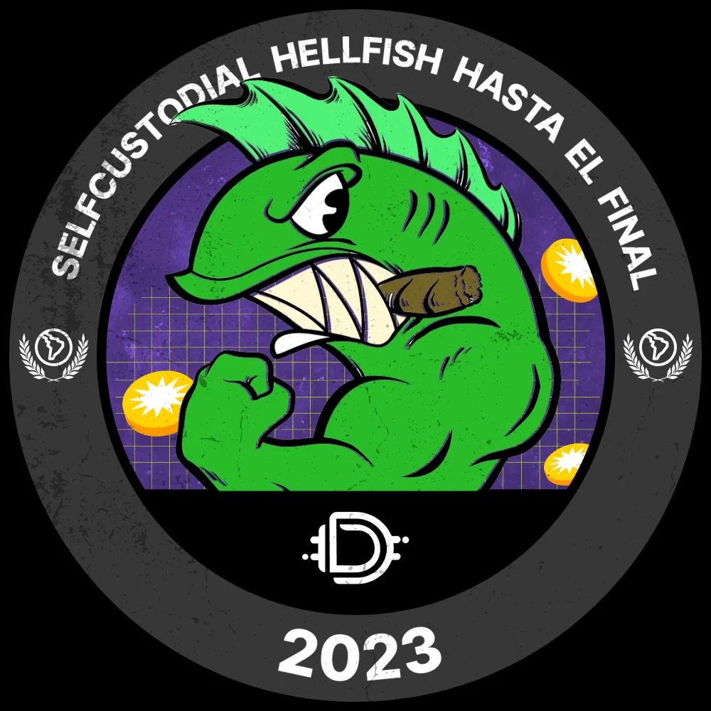 Parche circular de Defiant con un pez punk verde fumando un habano y la leyenda Selfcustodial Hellfish hasta el final, 2023.