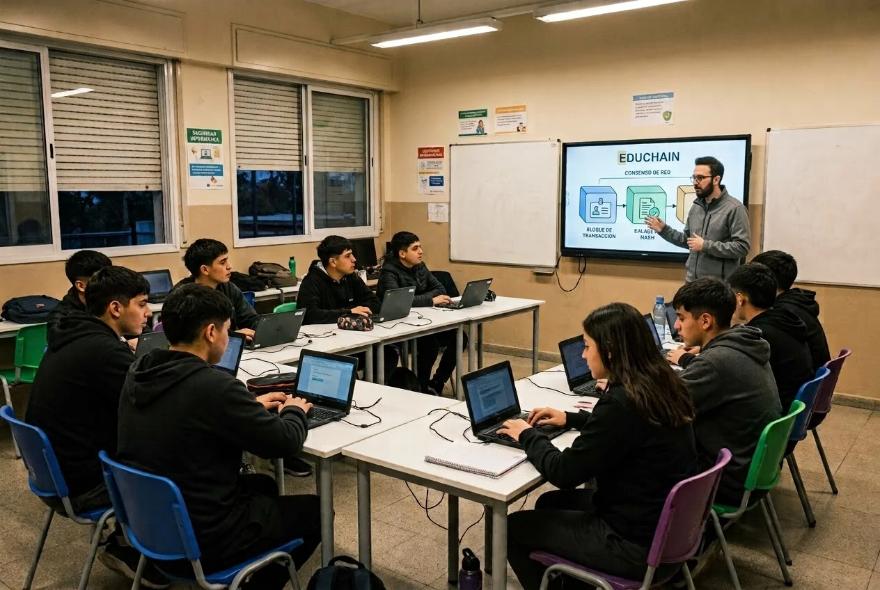 Aula de una escuela técnica argentina: un grupo de estudiantes trabajando en netbooks alrededor de mesas unidas, y un docente al frente junto a una pantalla que muestra un diagrama de EDUCHAIN con bloques encadenados.
