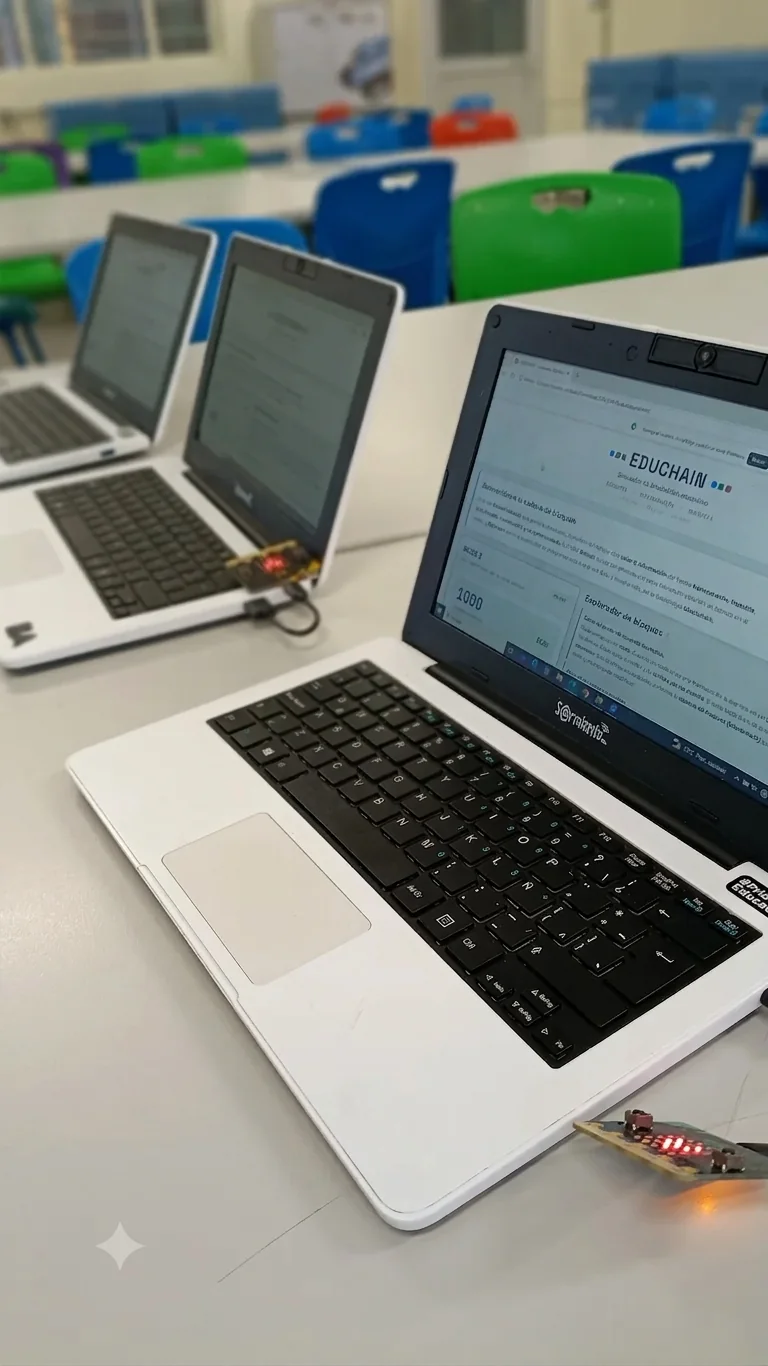 Primer plano de una placa Micro:bit conectada por USB a una netbook, con varios LEDs rojos encendidos mientras transmite; al fondo, otra netbook con el dashboard de EDUCHAIN.