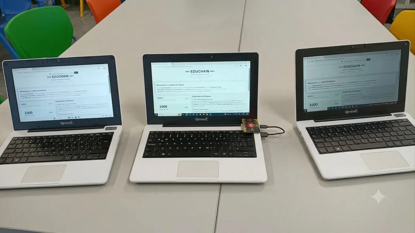 Tres netbooks escolares Sarmiento en fila corriendo el dashboard de EDUCHAIN, con una placa Micro:bit conectada por USB entre ellas.