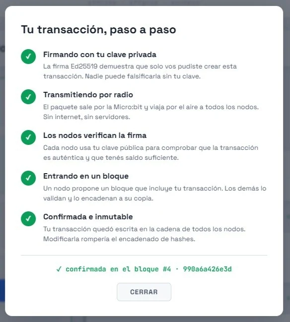 Pantalla del simulador titulada Tu transacción paso a paso: firma con clave privada, transmisión por radio, verificación de la firma, inclusión en un bloque y confirmación inmutable, los cinco pasos tildados en verde.