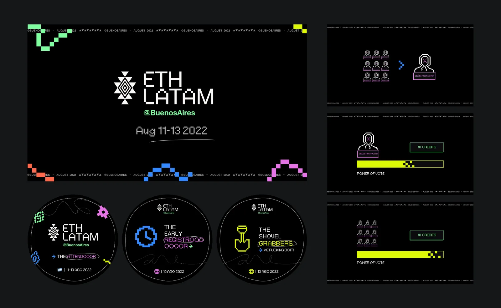 Identidad visual de ETH Latam Buenos Aires 2022: logo con motivo andino pixelado, POAPs y gráficos de votación cuadrática.
